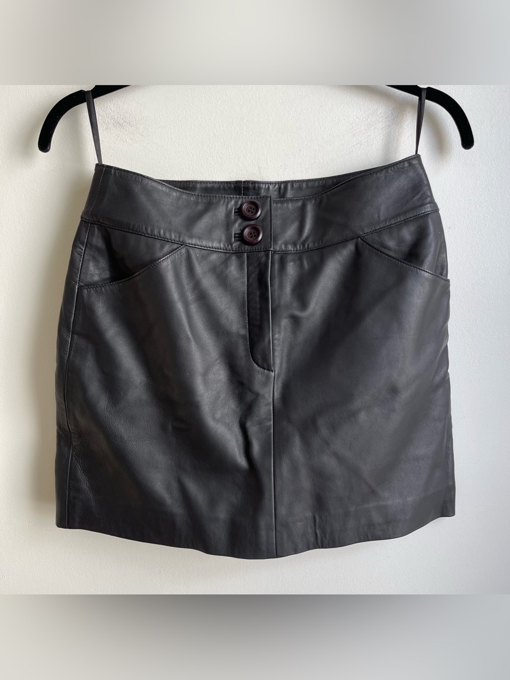 Vintage 90s Y2K Context Black Leather Mini Skirt 28” Low Rise Size 2